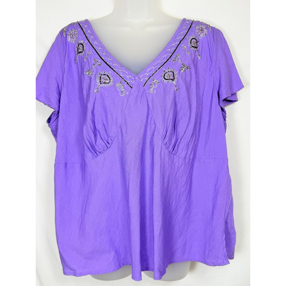 Lane Bryant 22/24 Purple Linen Embroidered Beaded V-Neck Fairy Empire